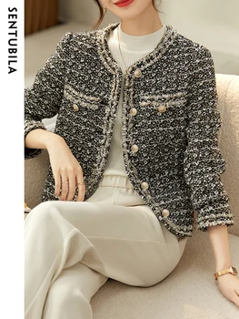 Sentubila Vintage Elegants Tekstūra Tweed Jakas Sieviešu 2023 Rudens Ziemas garām Piedurknēm Vienu Krūtīm, Mēteļi Dāmas Outwears