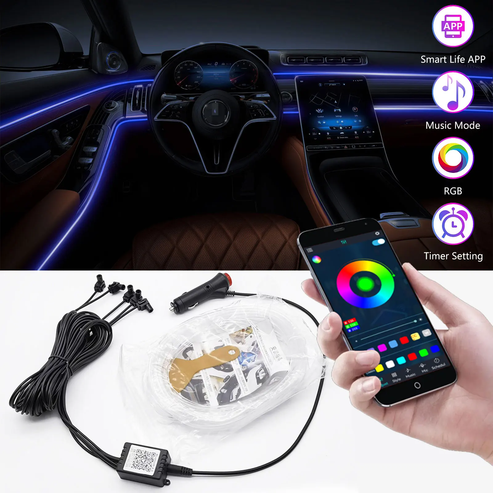 Interjera Atmosfēru Lampa USB Interjera Pārveidošana APP64 Krāsains Krāsains Bezvadu Balss Vadības Automašīnas Atmosfēru