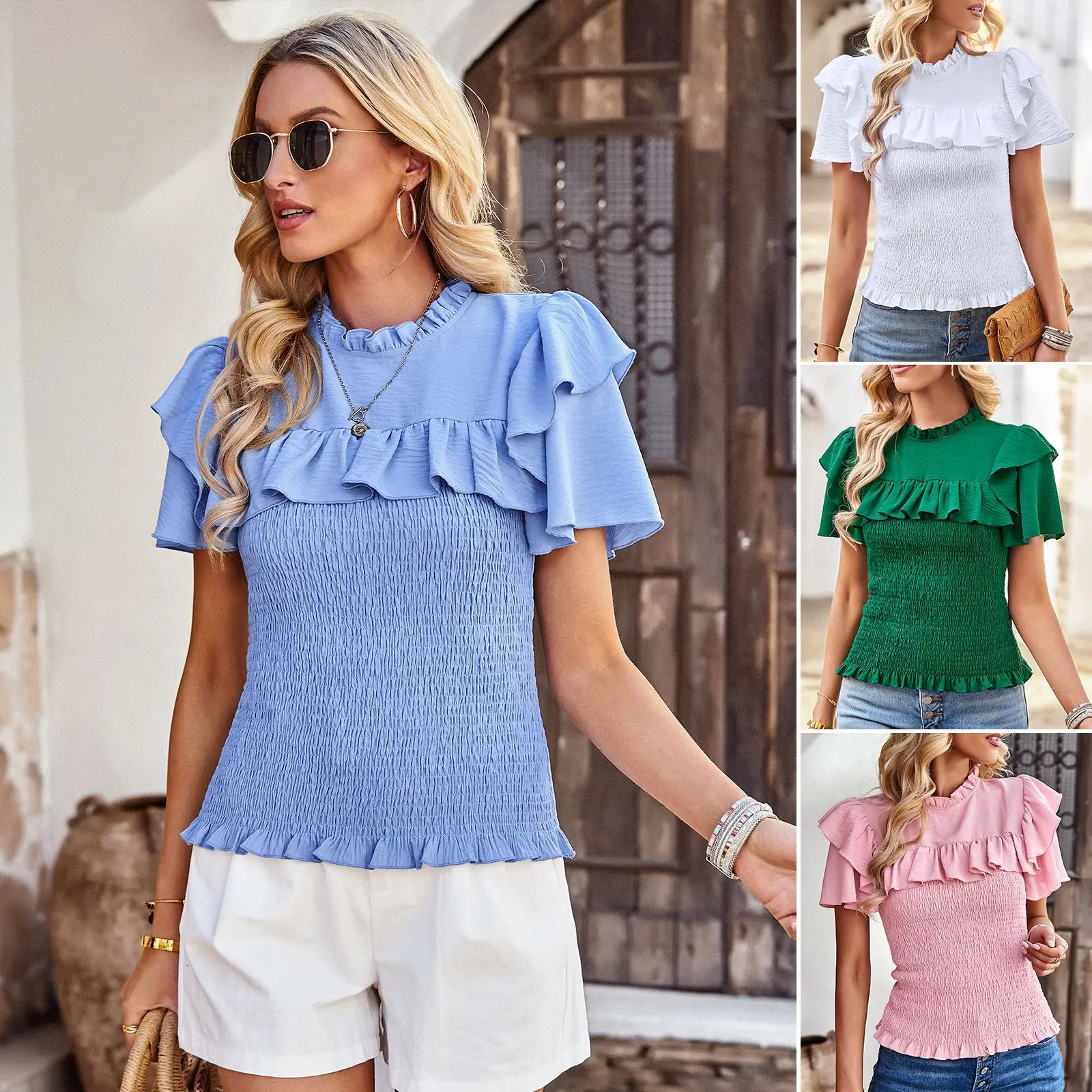 Vasarā Sievietēm, o-veida kakla mežģīnes tīru krāsu salikuma elastīgs viduklis Temperaments Gadījuma T-krekls, t-veida Sieviešu Apģērbi