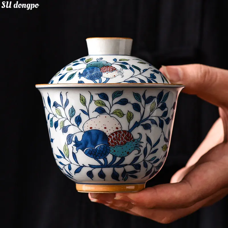 Ķīniešu Keramikas Gaiwan Antīko Zilu Glazūru - Double Bagātības, Laimes un Ilgmūžības Tēju izgatavošanas Bļodā Kungfu Tēju Komplekts